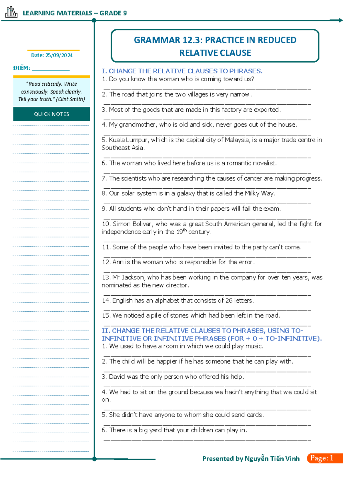 Grade 9 Learning Materials: Quick Notes on Reduced Relative Clauses ...