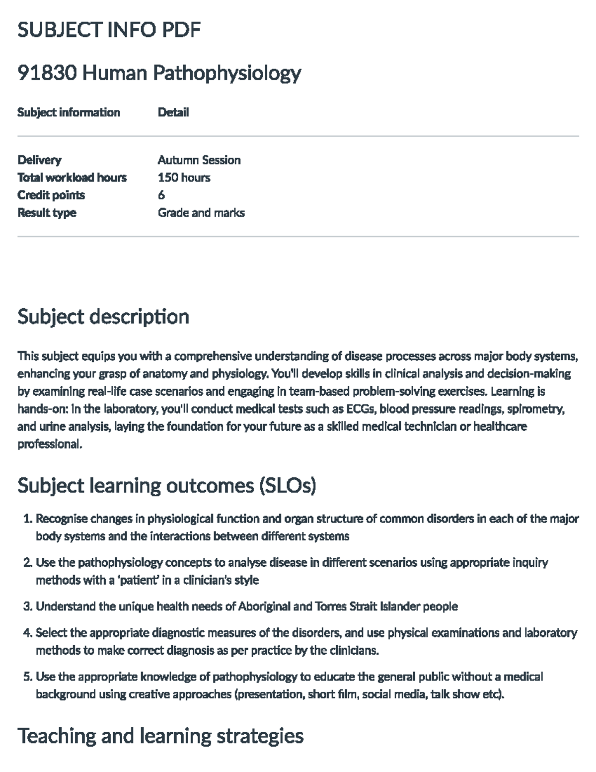 Human Pathophysiology Subject Outline 2025: Course Overview and ...