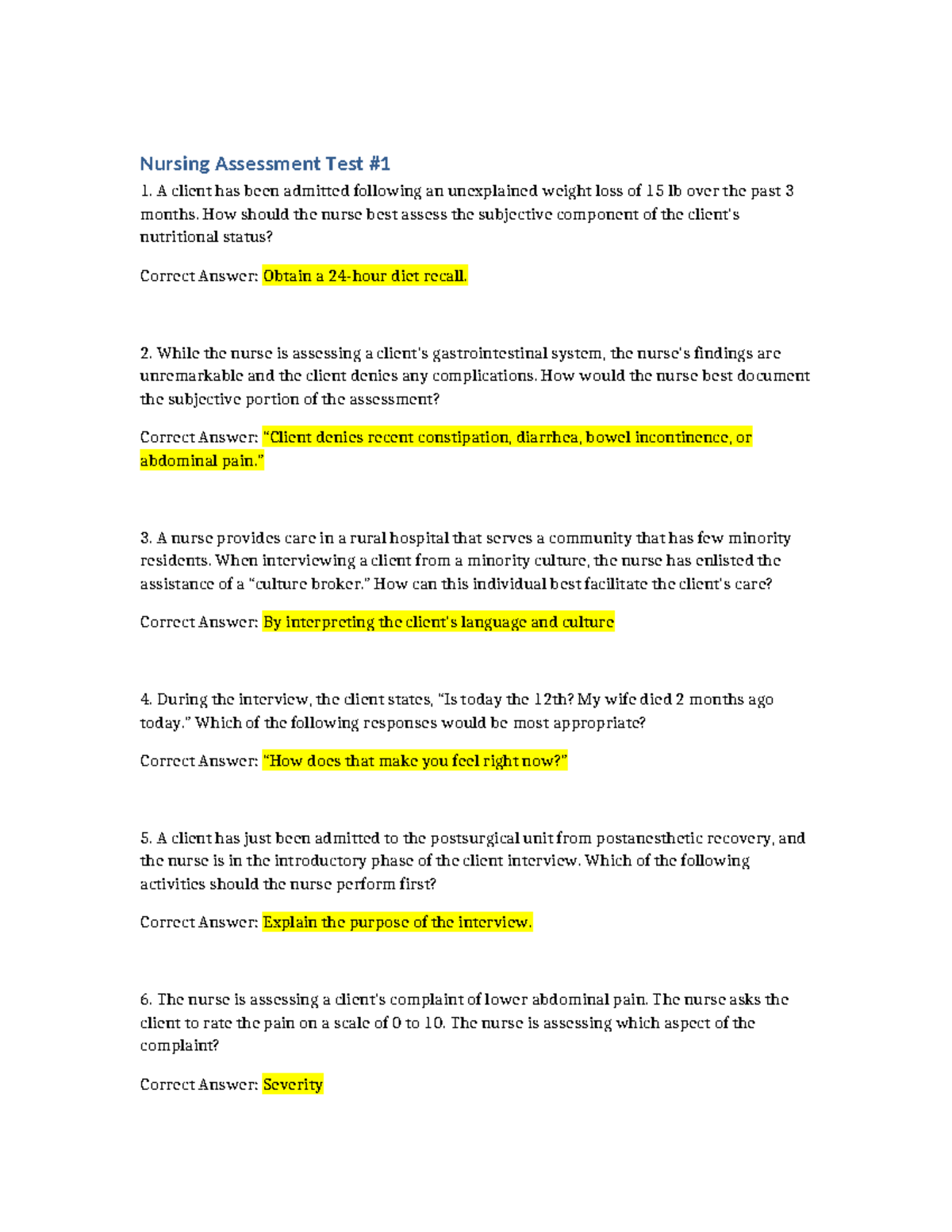 NUR 101: Nursing Assessment Test 1 Study Guide - Studocu
