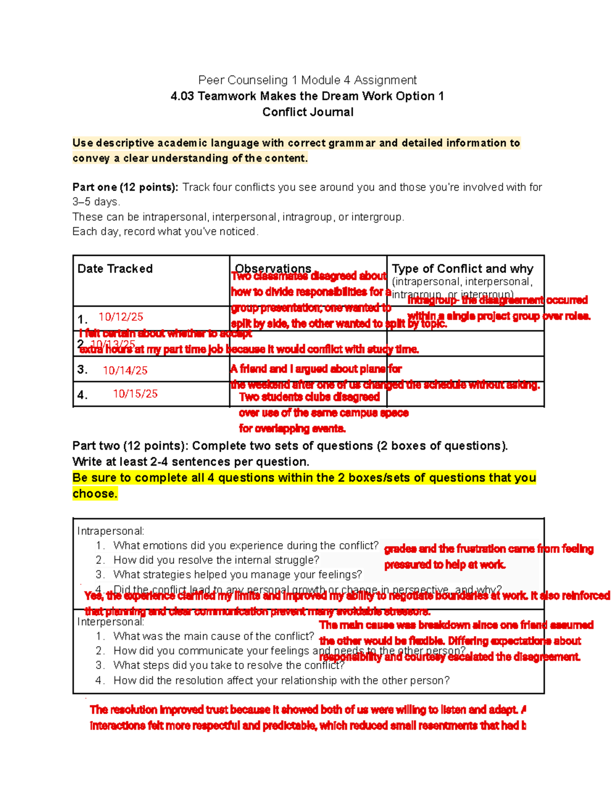 Peer Counseling 1 - 4.03 Conflict Journal: Teamwork Insights and ...