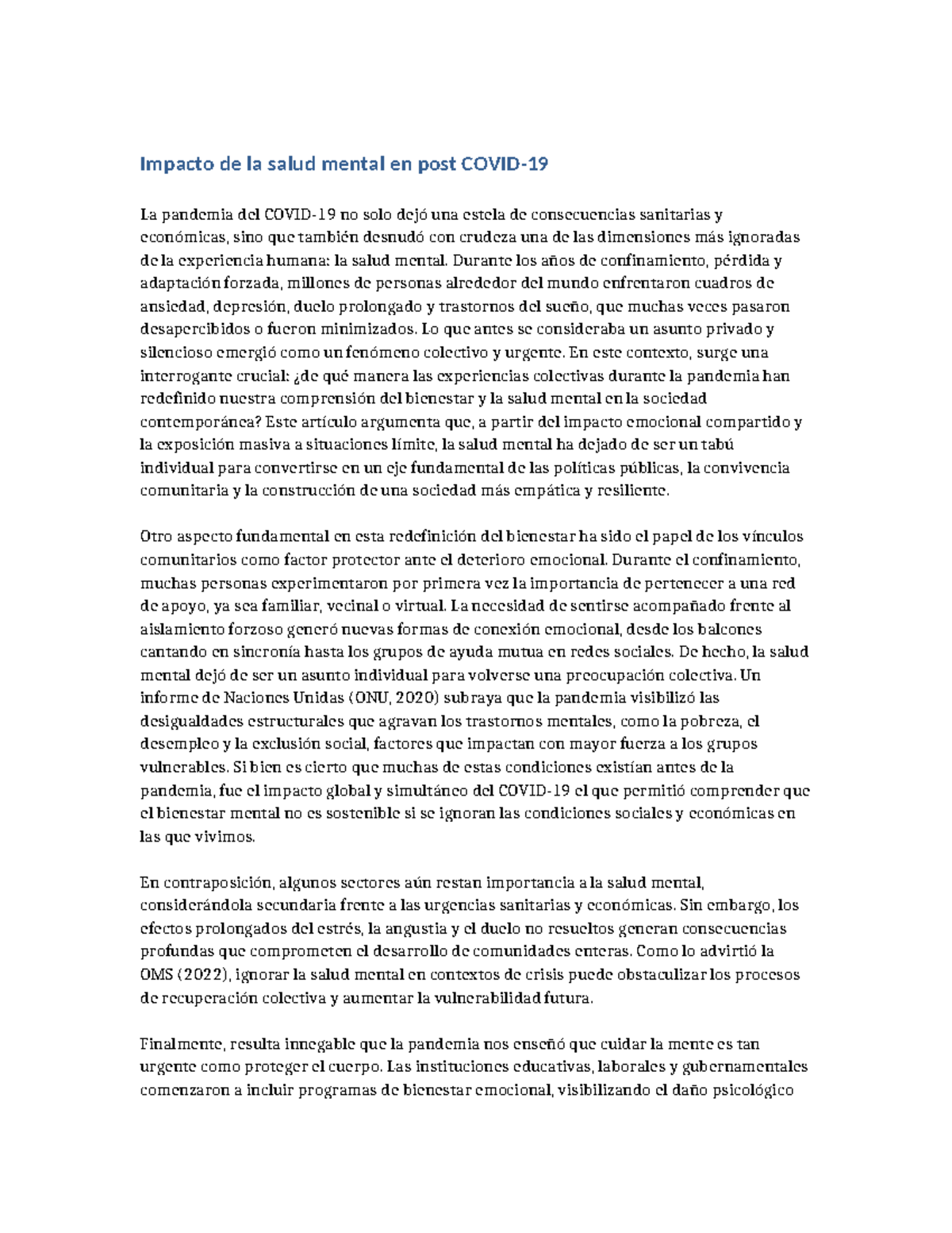 Impacto de la Salud Mental Post Covid-19: Reflexiones y Aprendizajes ...