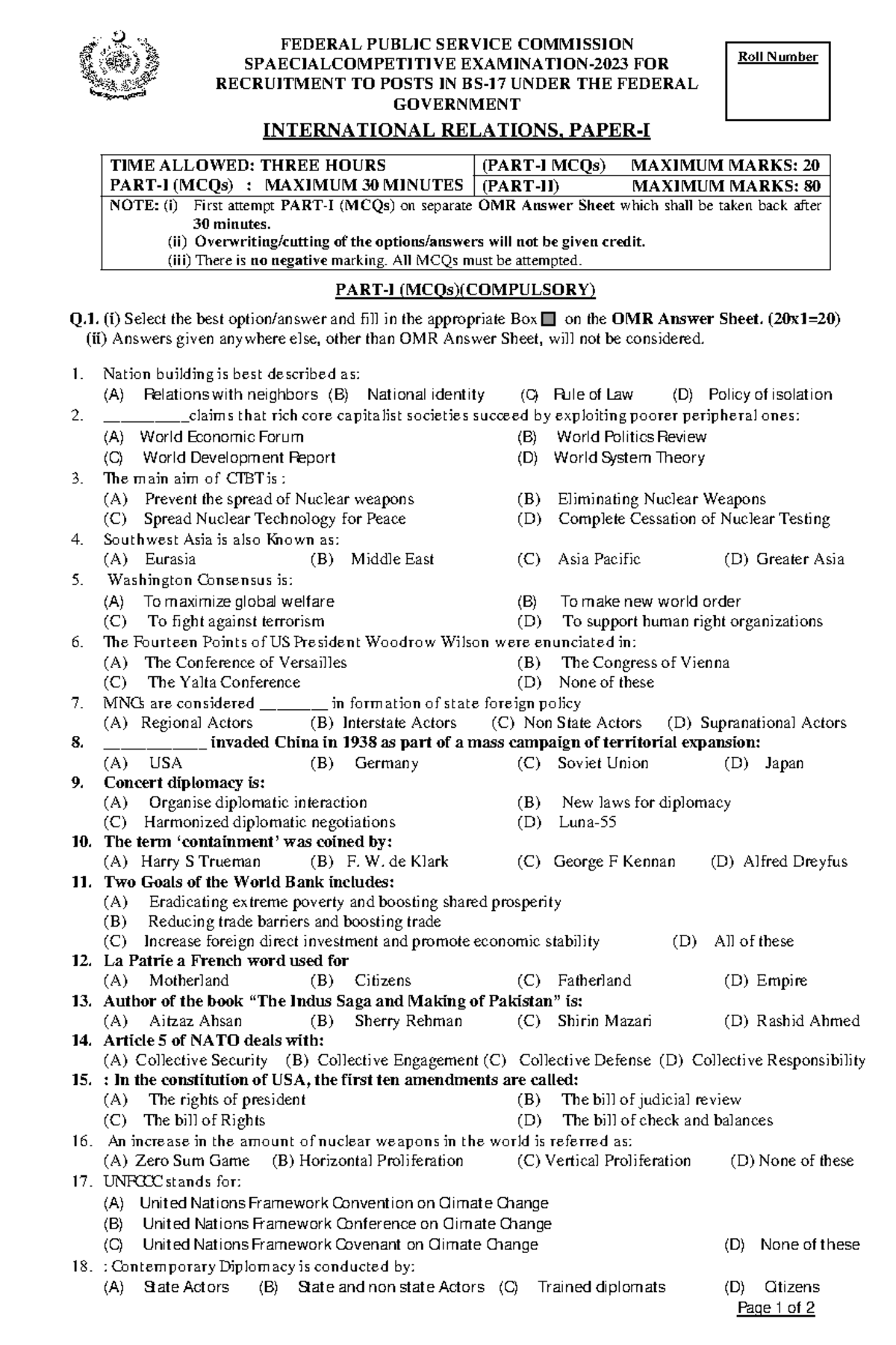 Federal Public Service Commission IR-1 Past Paper (MCQs) 2024 - Studocu