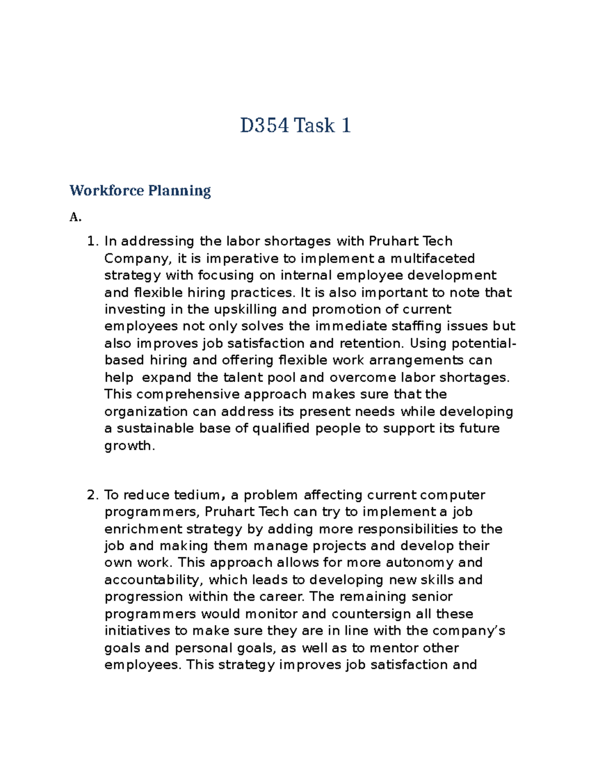 D354 Task 1 - Workforce Planning Strategies for Pruhart Tech - Studocu