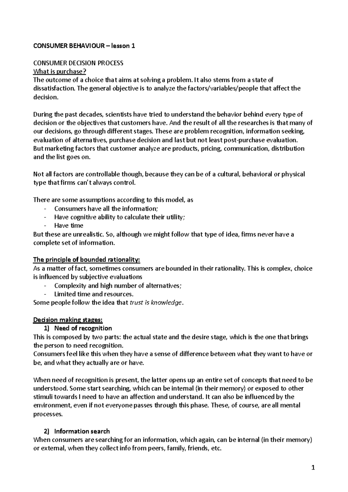 Consumer Behaviour Notes - First Term Overview and Key Concepts - Studocu