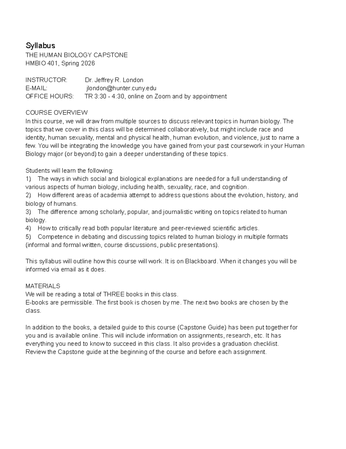Syllabus for HMBIO 401: Human Biology Capstone, Spring 2026 - Studocu