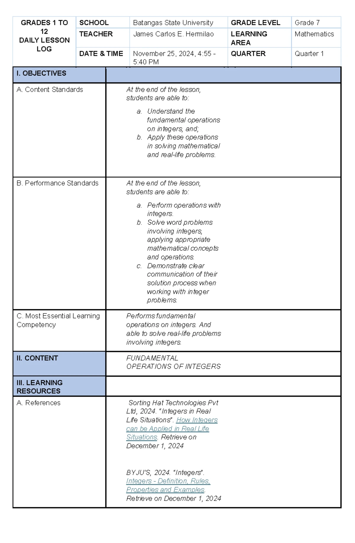 BSED MATH 3 201 - Lesson Log on 