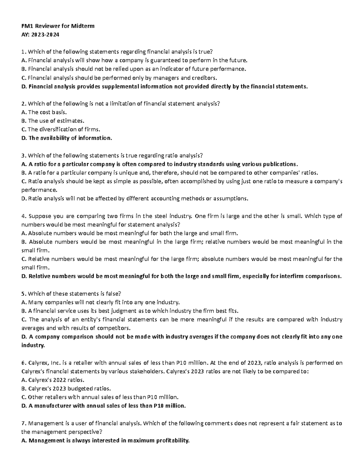 FM1 Midterm Review: Key Concepts in Financial Analysis - Studocu