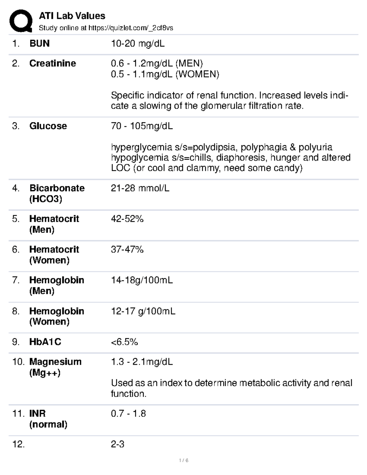 ATI Lab Values Summary for Nursing Fundamentals Lab - Studocu