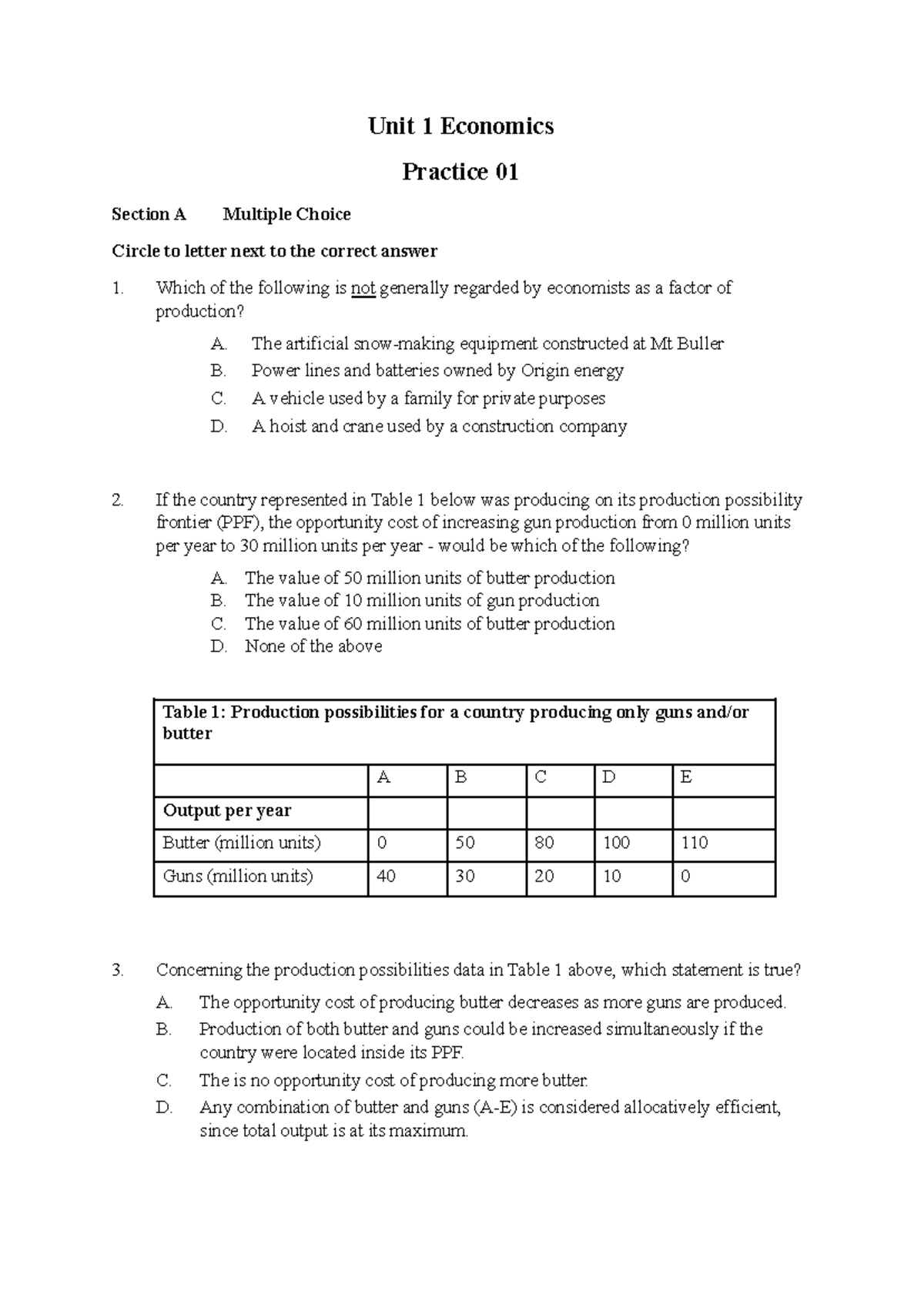 Unit 1 Eco Practice - Multiple Choice & Short Answer Questions - Studocu