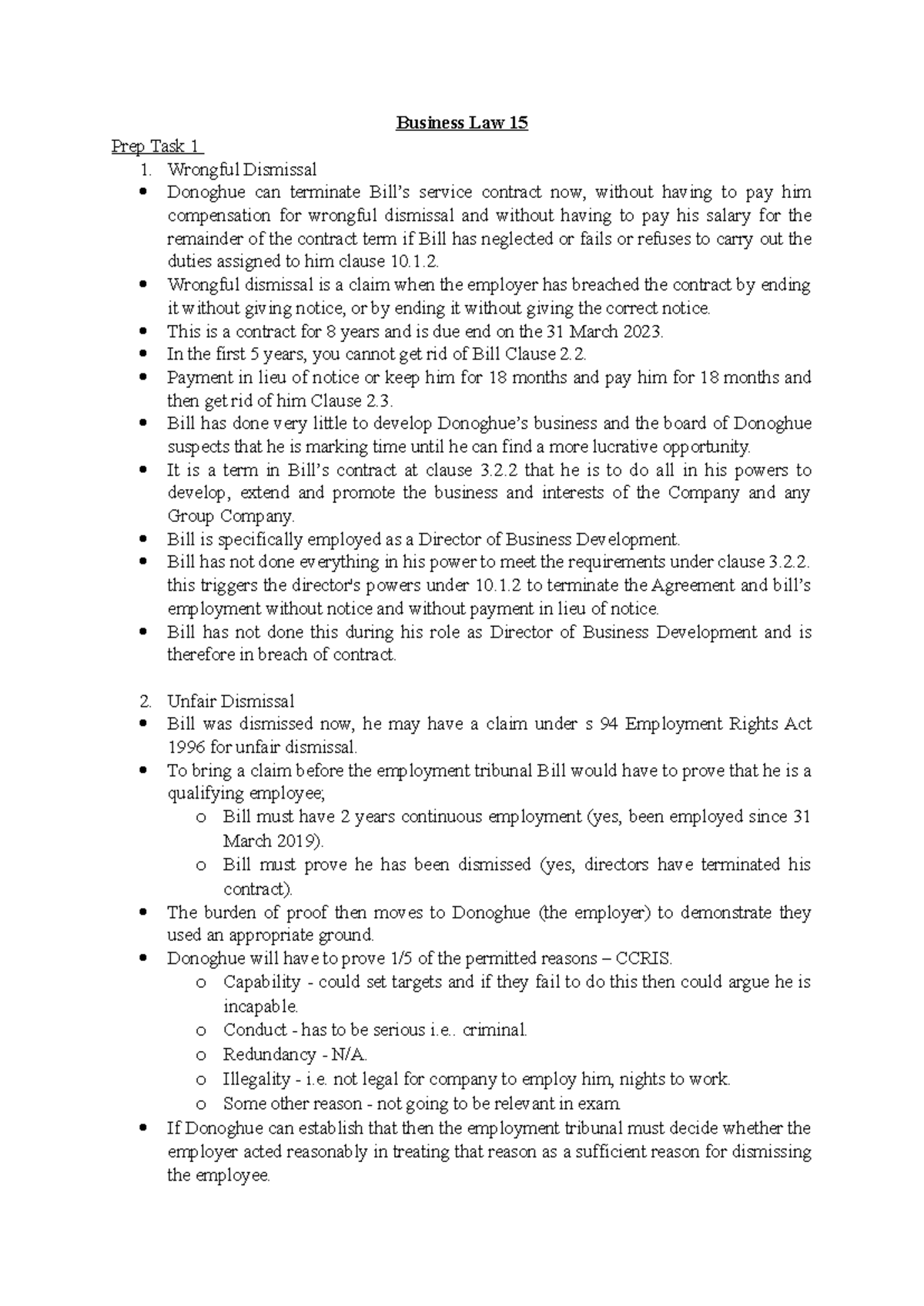 UNIT 15 PREP TASK - Analysis of Wrongful and Unfair Dismissal - Studocu