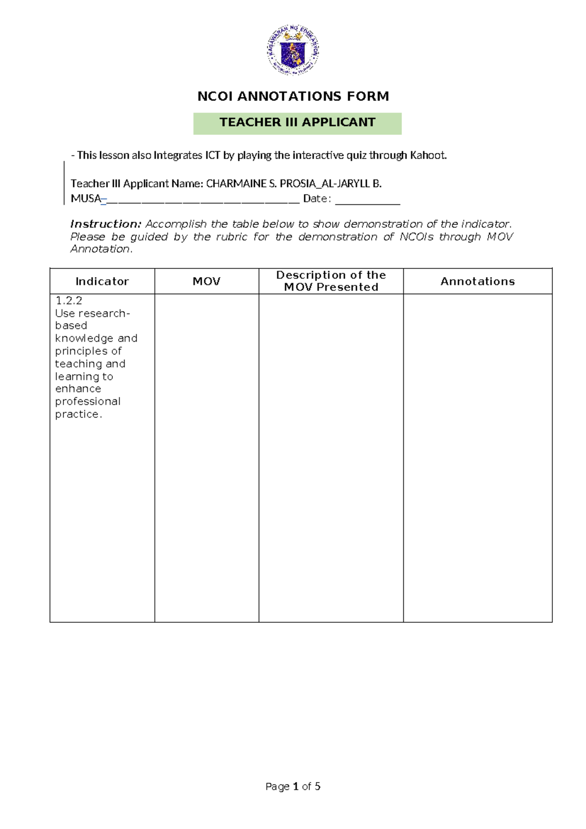 NCOI Annotations Form for Teacher III Applicant - Lesson Integration ...