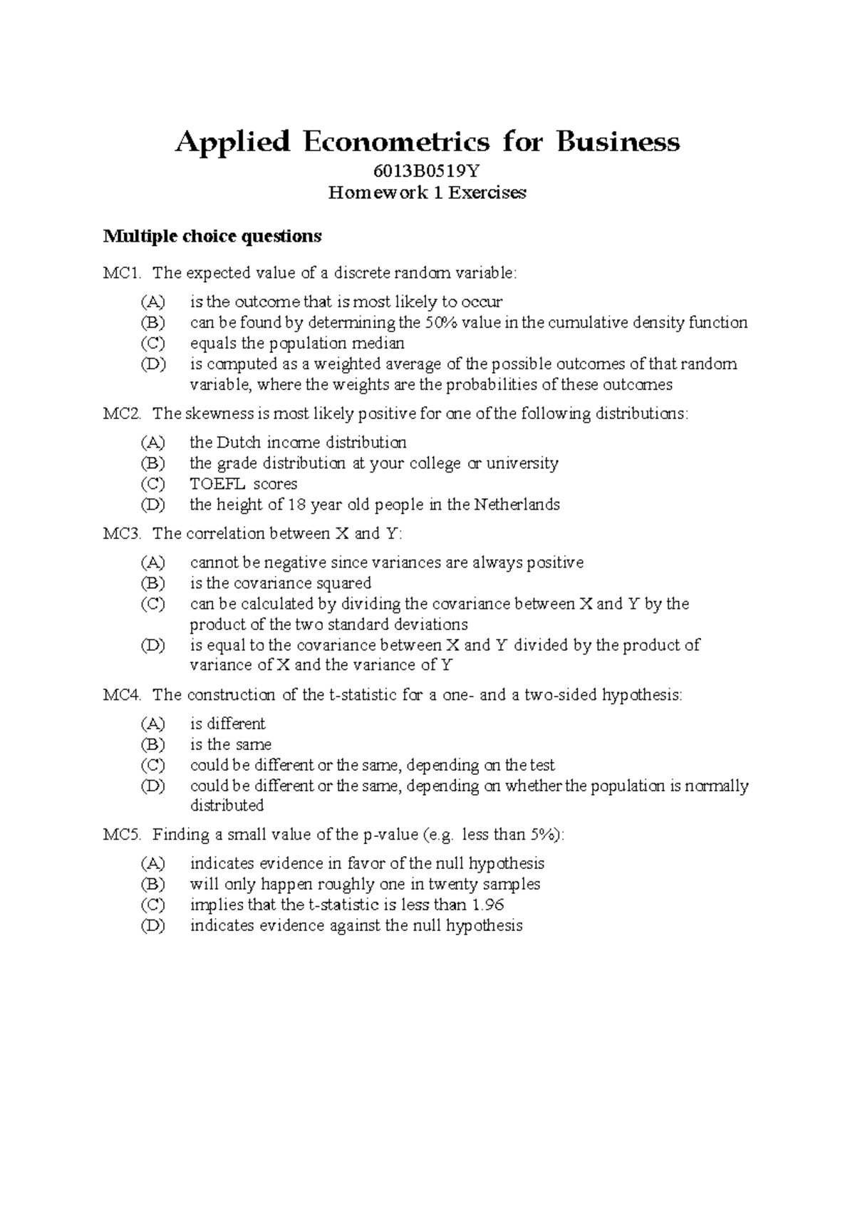 6013B0519Y Applied Econometrics Homework 1 MCQs and Exercises - Studeersnel