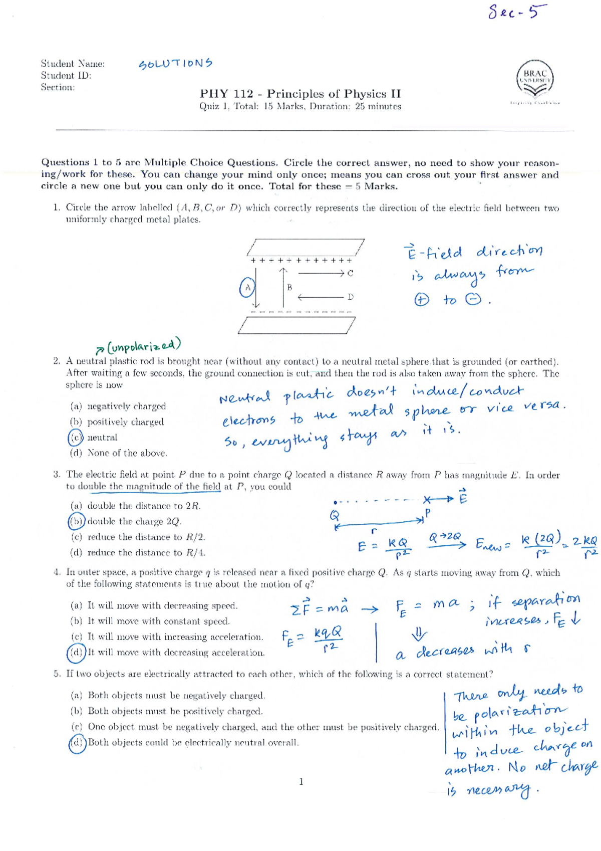 Quiz 1 Solutions for PHY 112: Principles of Physics II - Studocu