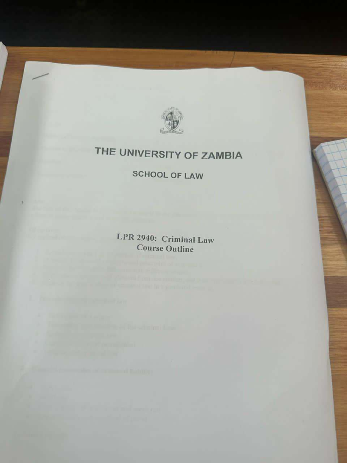 LPR 2940 Criminal LAW Course Outline - de THE UNIVERSITY OF ZAMBIA ...