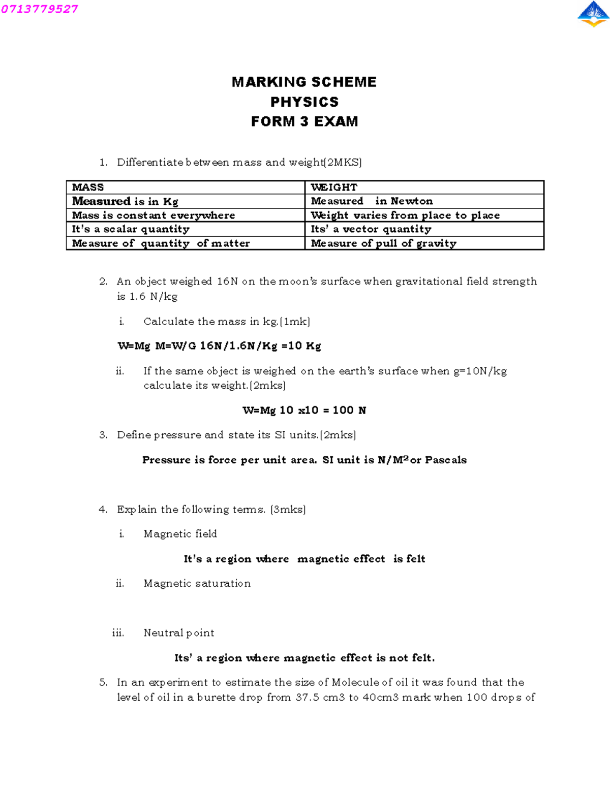 0713779527 PHYSICS FORM 3 EXAM 1 MARKING SCHEME - Studocu