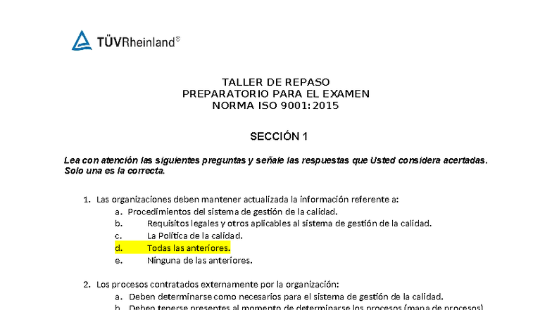 TALLER DE REPASO PARA EL EXAMEN ISO 9001:2015 - SECCIÓN 1 - Studocu