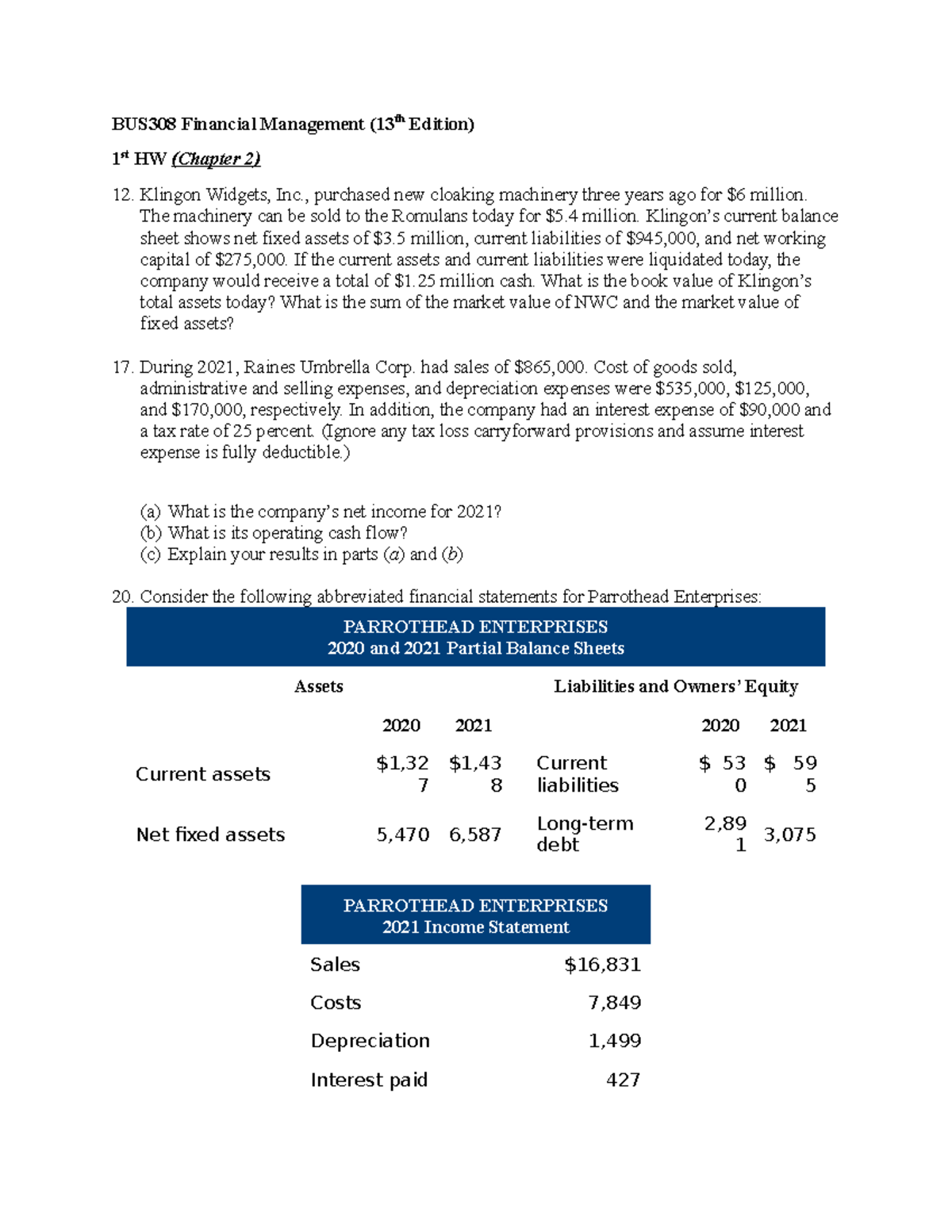 BUS308 Financial Management 2021/22 1st Homework Solutions - Studocu