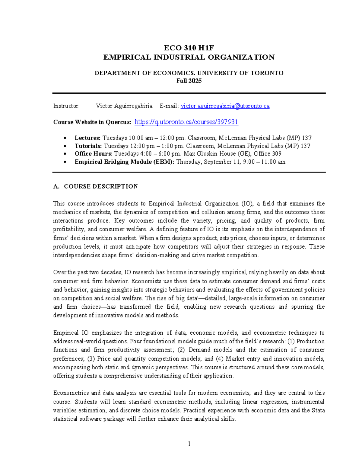 ECO 310 H1F Empirical Industrial Organization Syllabus - Fall 2025 ...