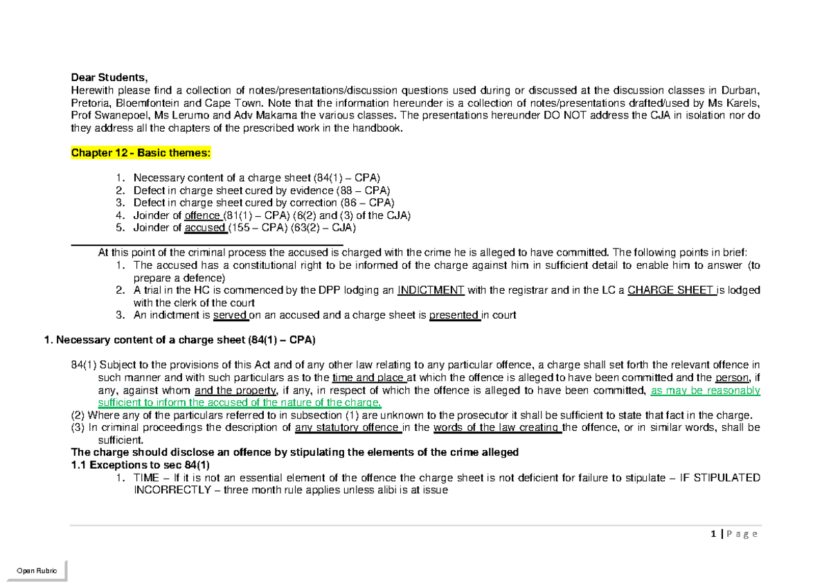 CPR3701 - Discussion Notes on Criminal Procedure and Charges - Studocu