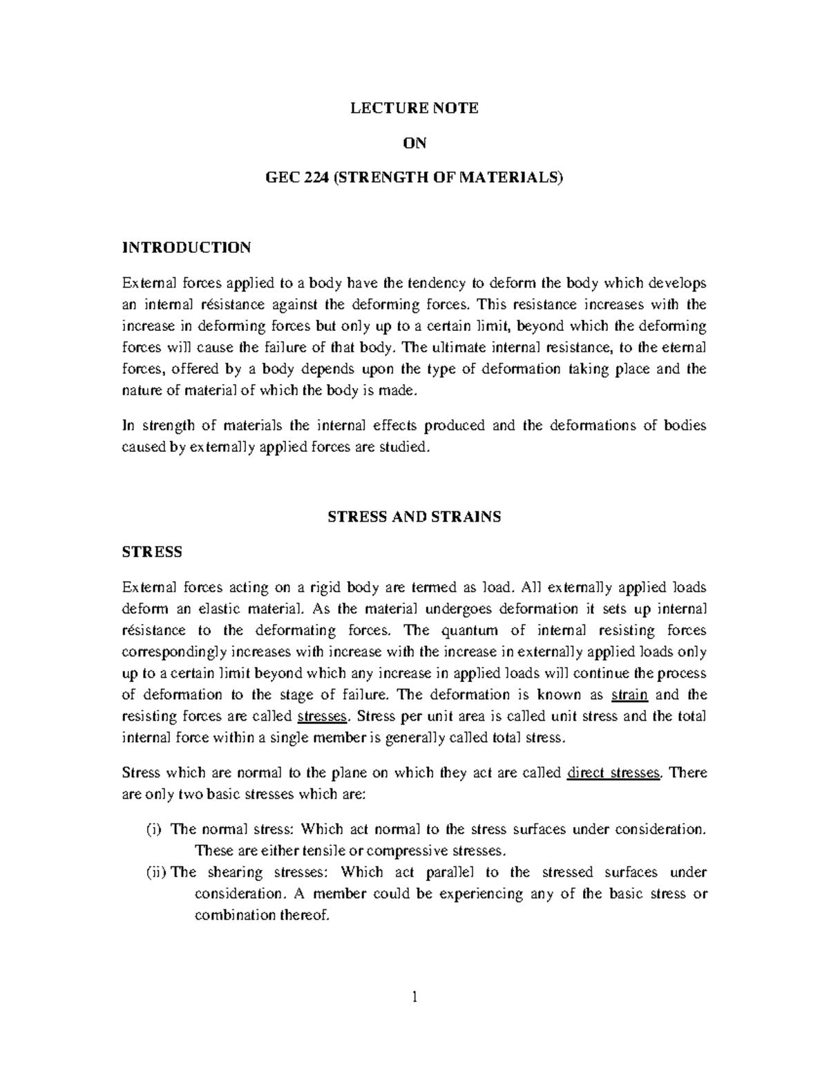 GEC224 - Lecture Notes on Strength of Materials Concepts and ...