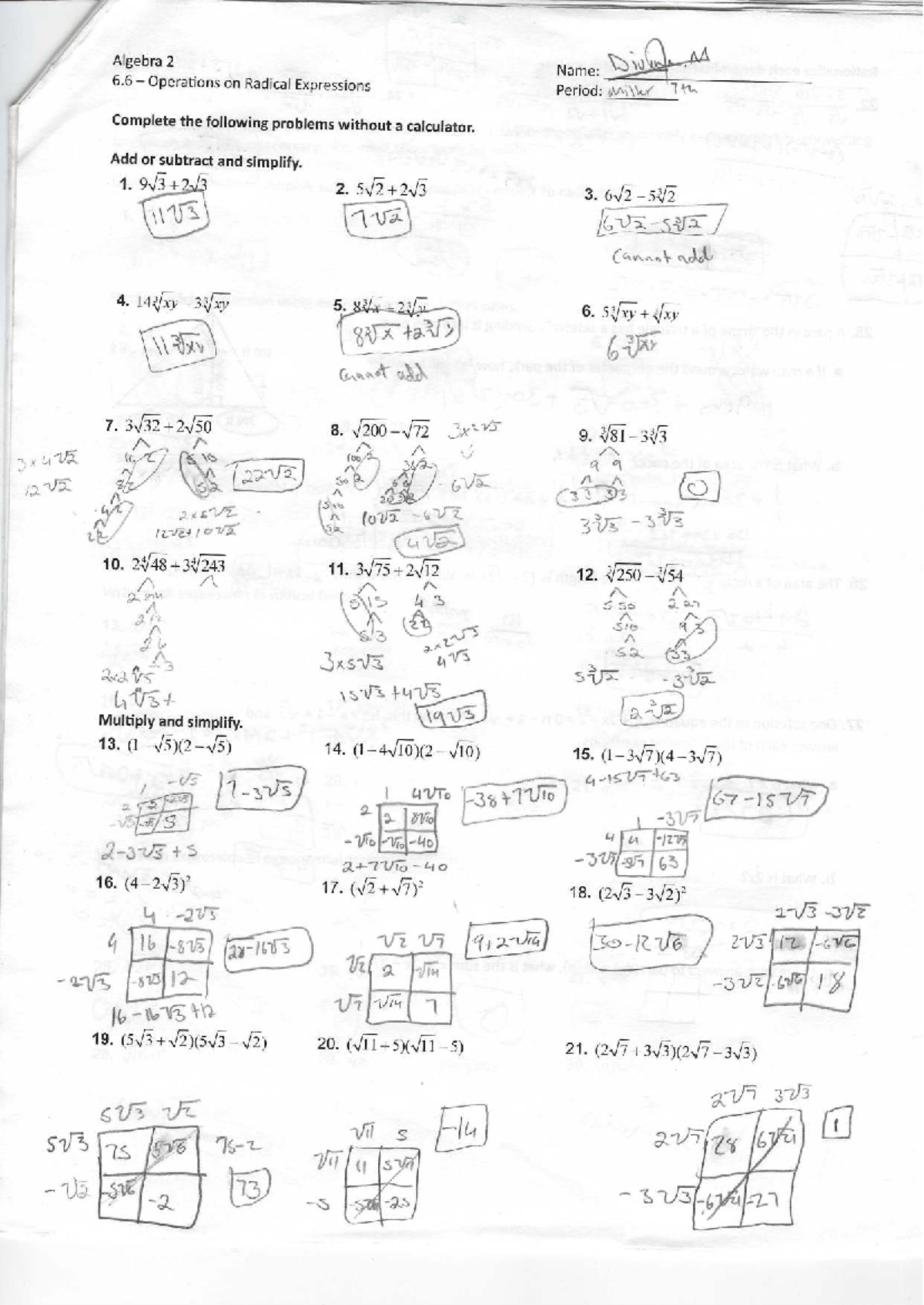 Algebra 2 - Operations on Radical Expressions Practice Problems - Studocu