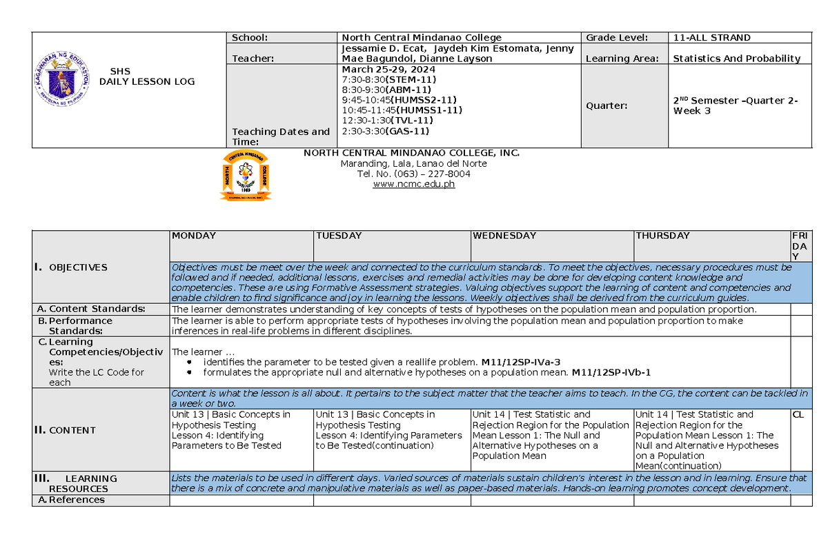 STATISTICS AND PROBABILITY - Q2 W3 DAILY LESSON LOG - GRADE 11 - Studocu