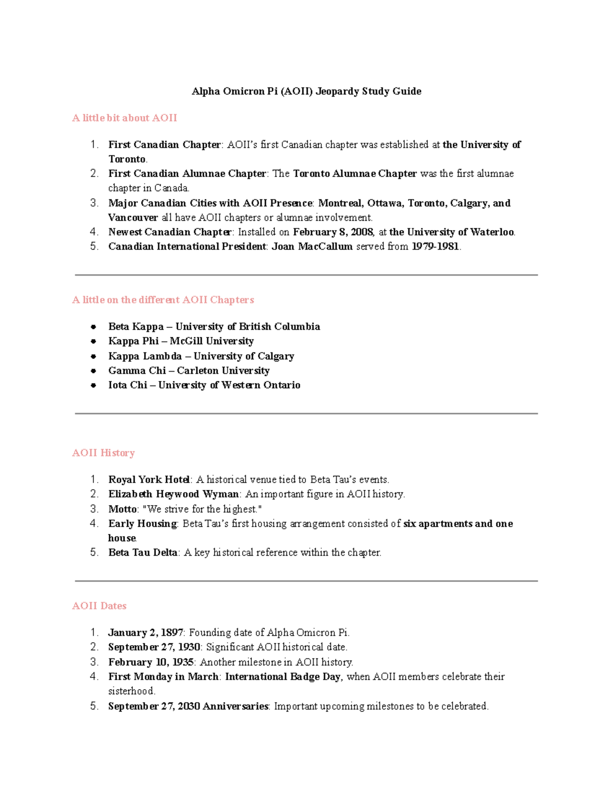 AOII (Alpha Omicron Pi) Jeopardy Study Guide - Studocu