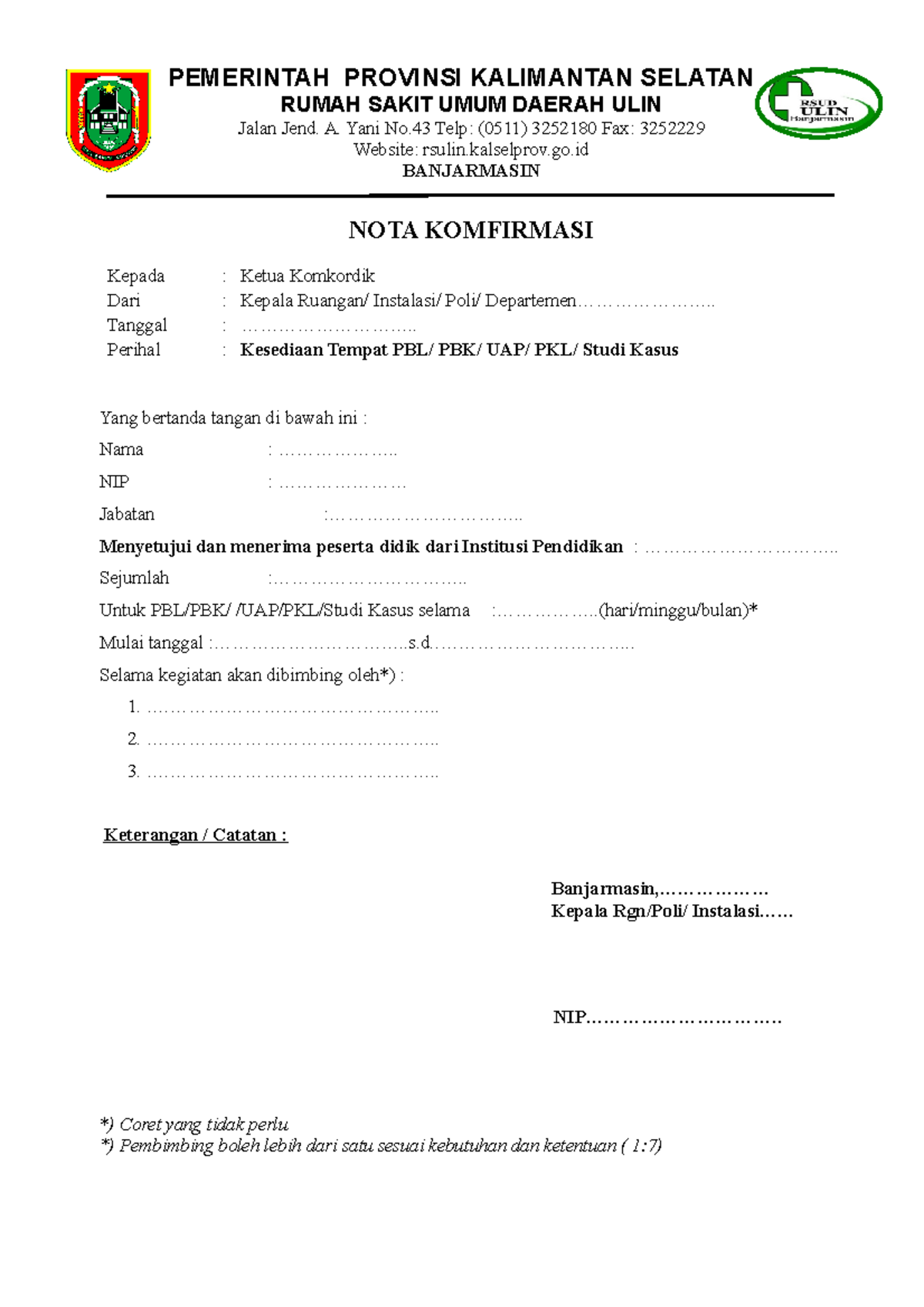 Nota Konfirmasi Kesiapan Ruangan PBL/PBK/PKL Mahasiswa Praktik - Studocu