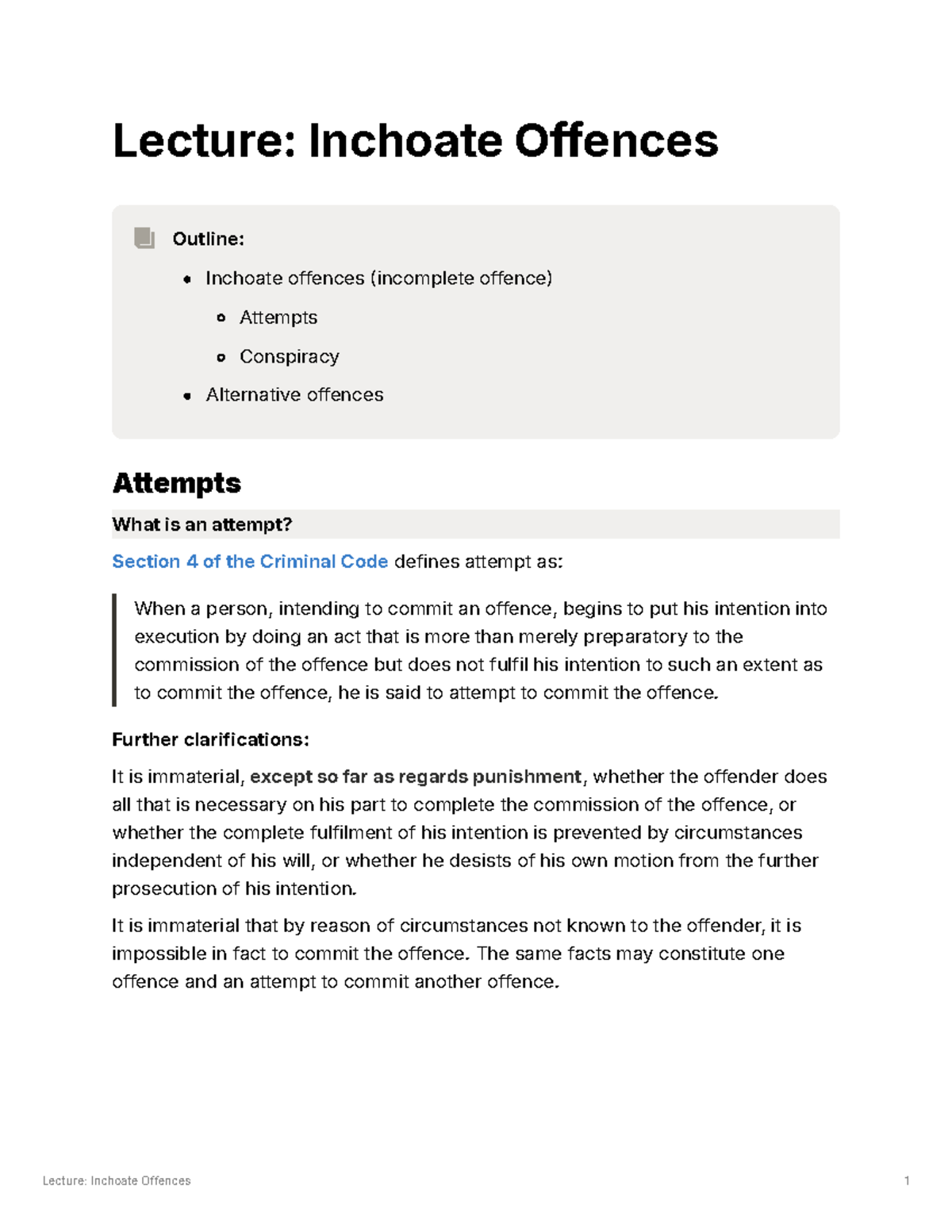 Lecture: Inchoate Offences Overview and Key Concepts - Studocu
