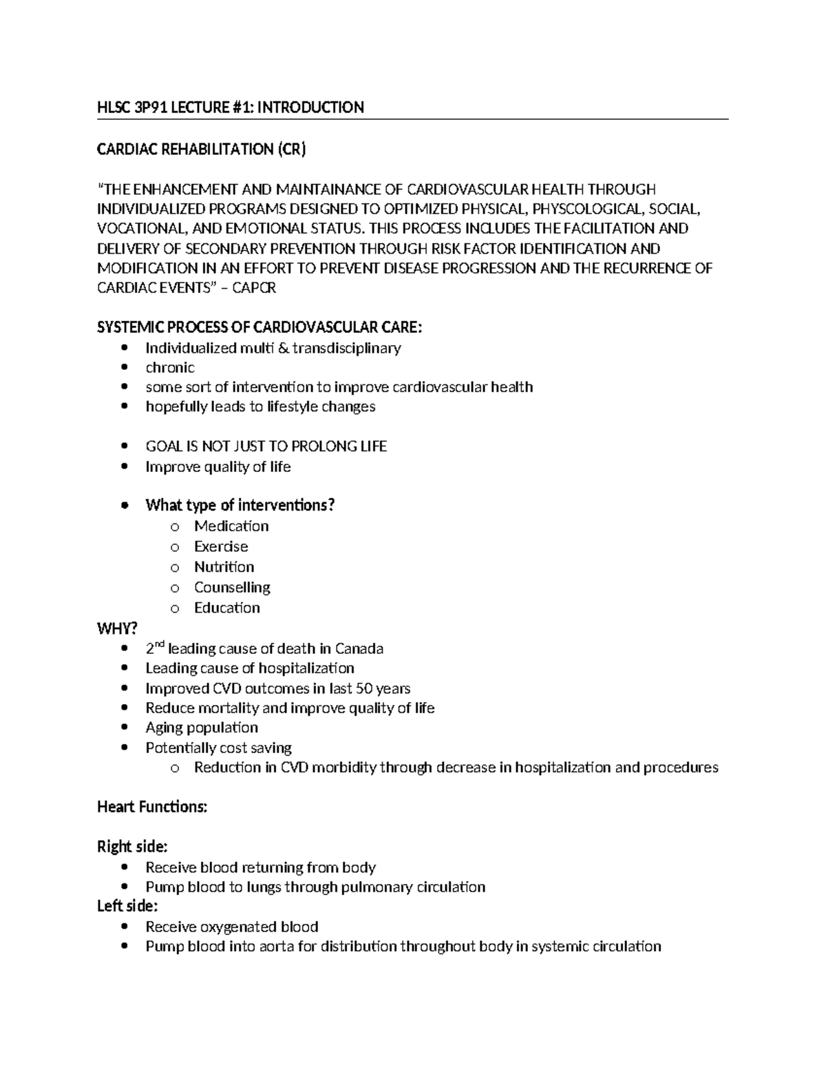 HLSC 3P91 LECTURE 1: INTRO TO CARDIAC REHAB & CVD MANAGEMENT - Studocu