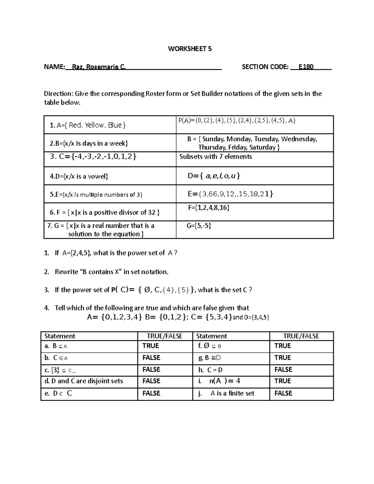 Worksheet 5: Roster & Set Builder Notation Exercises for Set Theory ...