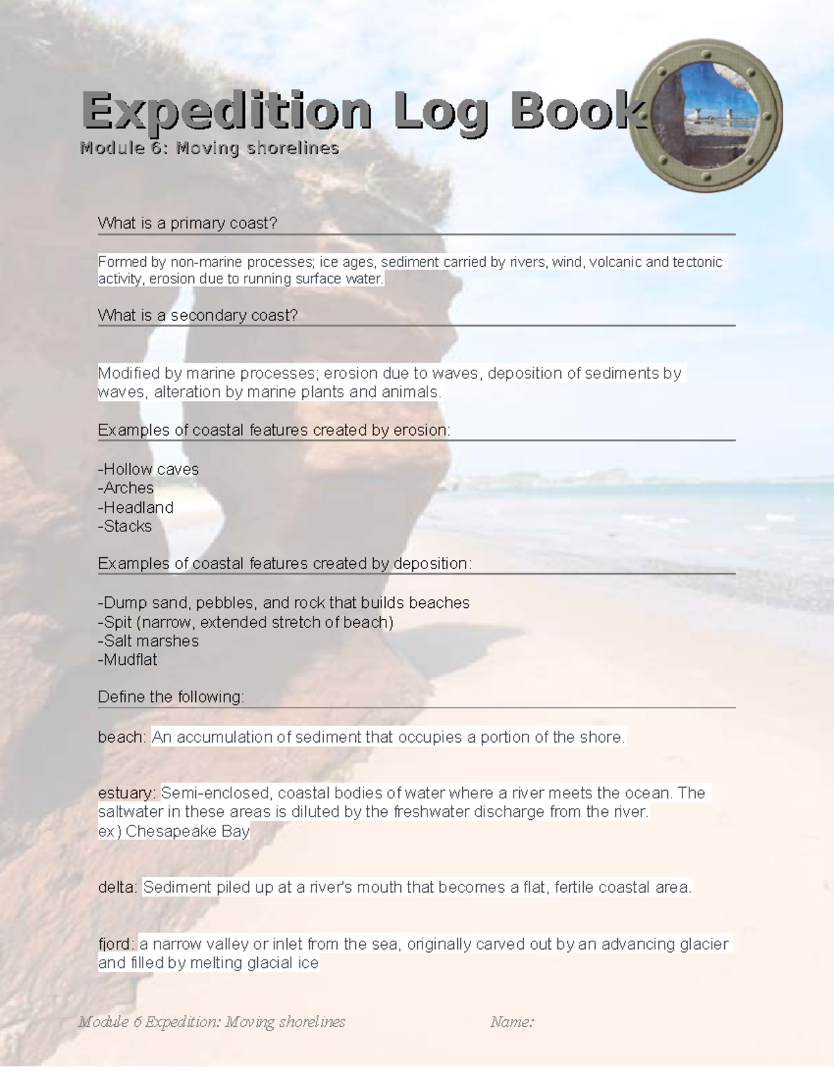 OCSC 1000 Expedition Log Book 6: Examining Moving Shorelines - Studocu