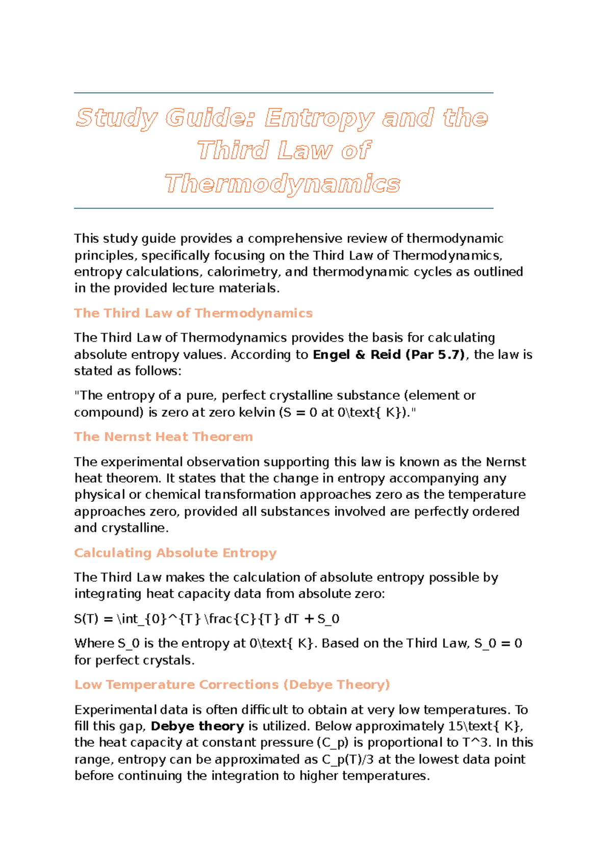SU 9 Physics 212: Study Guide on Entropy & the Third Law of ...
