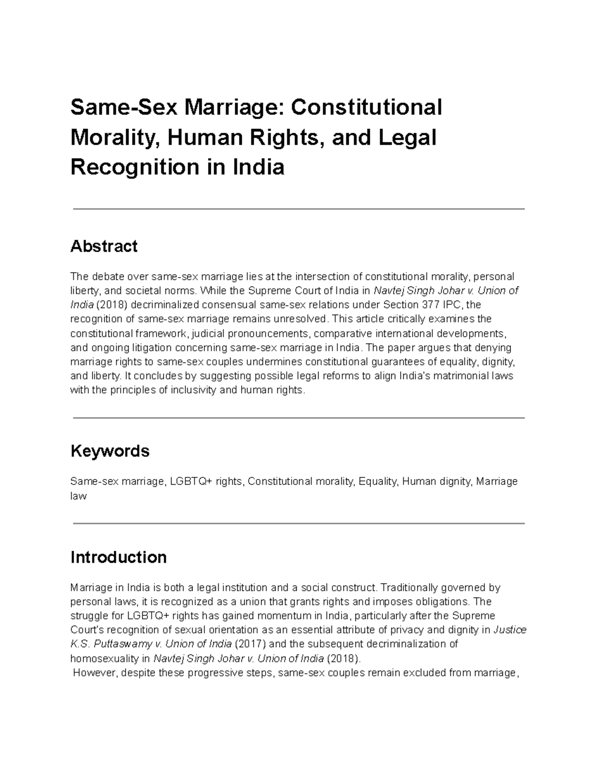 Same-Sex Marriage in India: Legal Recognition and Human Rights Issues ...