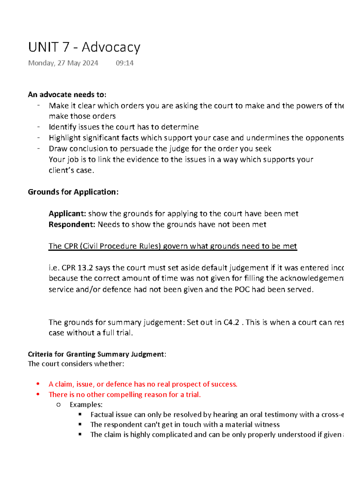 Advocacy Notes for CPR Applications (UNIT 7) - Studocu
