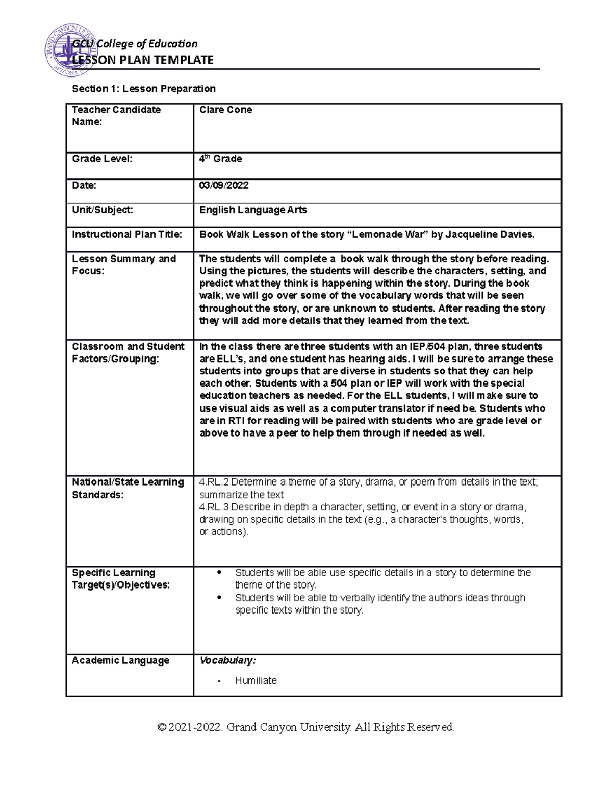 Book walk lesson Plan - LESSON PLAN TEMPLATE Section 1: Lesson ...