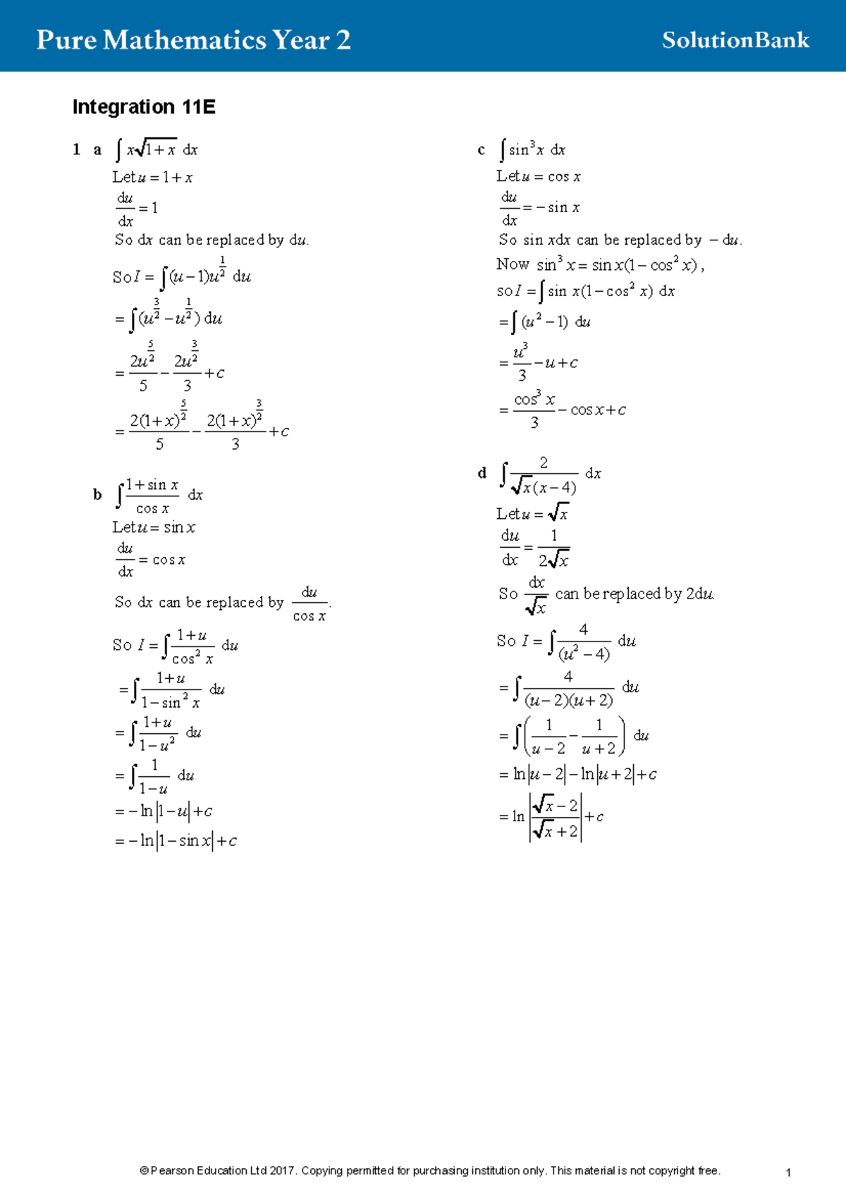 Alevelsb p2 ex11e - Physics - Integration 11E 1 a ∫x 1 +x dx Let u = 1 ...