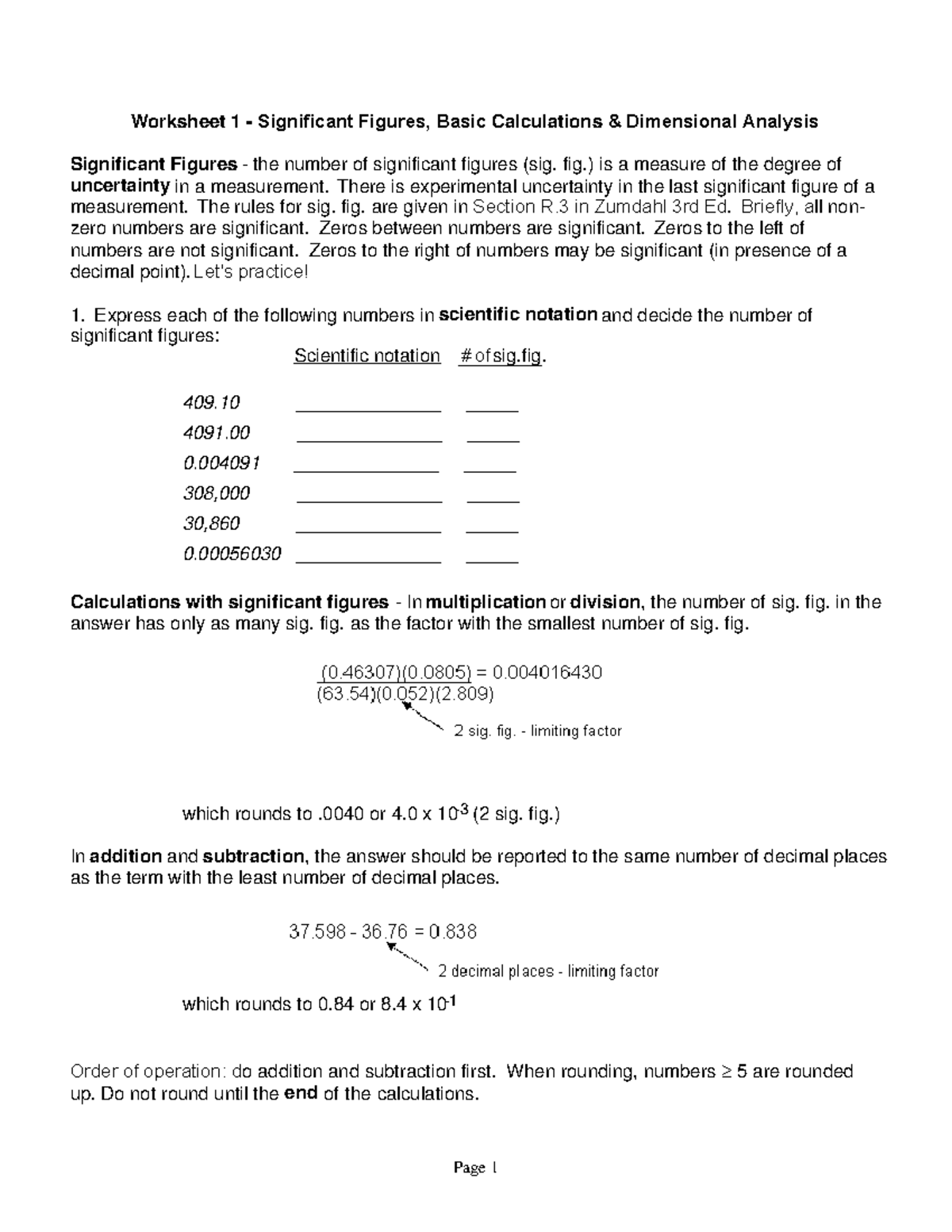 Worksheet 01: Significant Figures, Basic Calculations & Dimensional ...