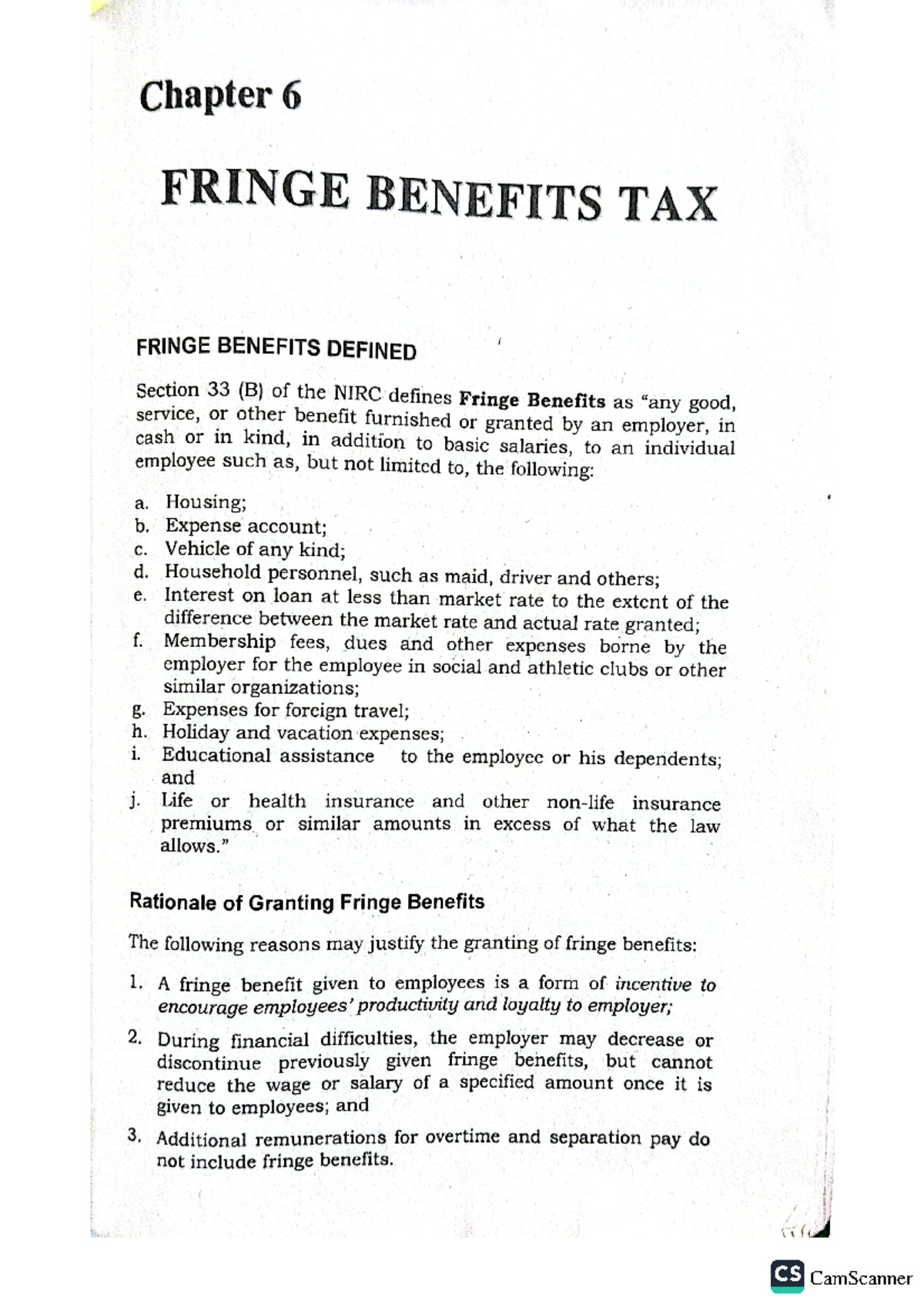 CS 260 Chapter 6: Fringe Benefits Tax Overview and Key Concepts - Studocu