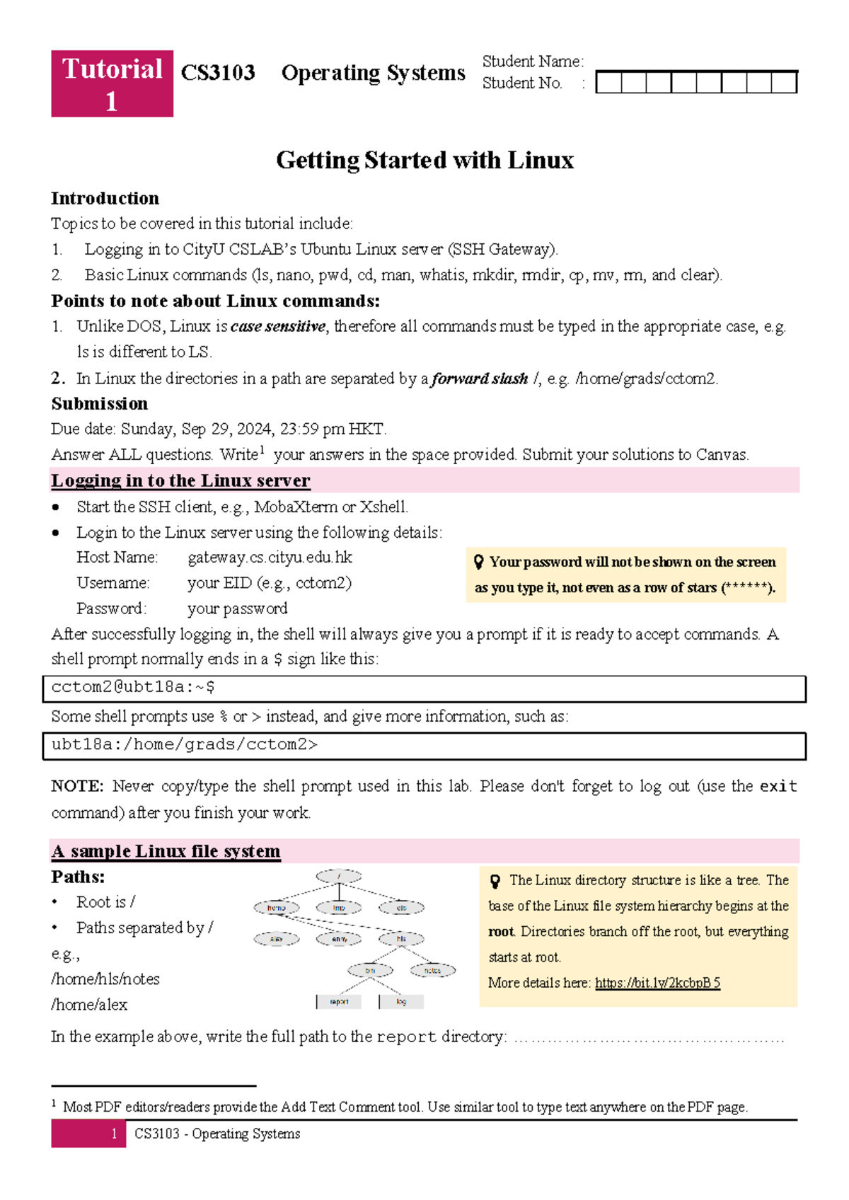 CS3103-Tutorial-1: Intro to SSH & Basic Linux Commands - Studocu