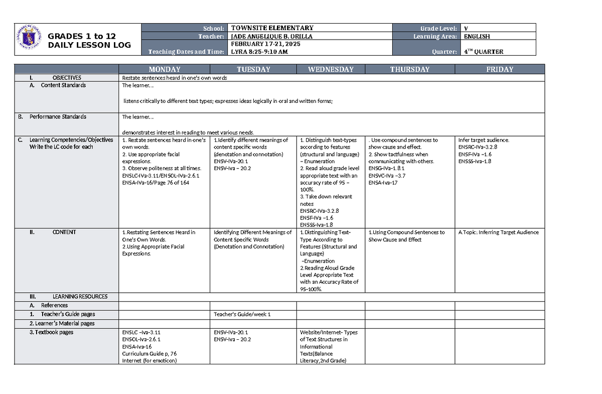DLL English 5 Q4 W1 - DDFSFDVXC - GRADES 1 to 12 DAILY LESSON LOG ...