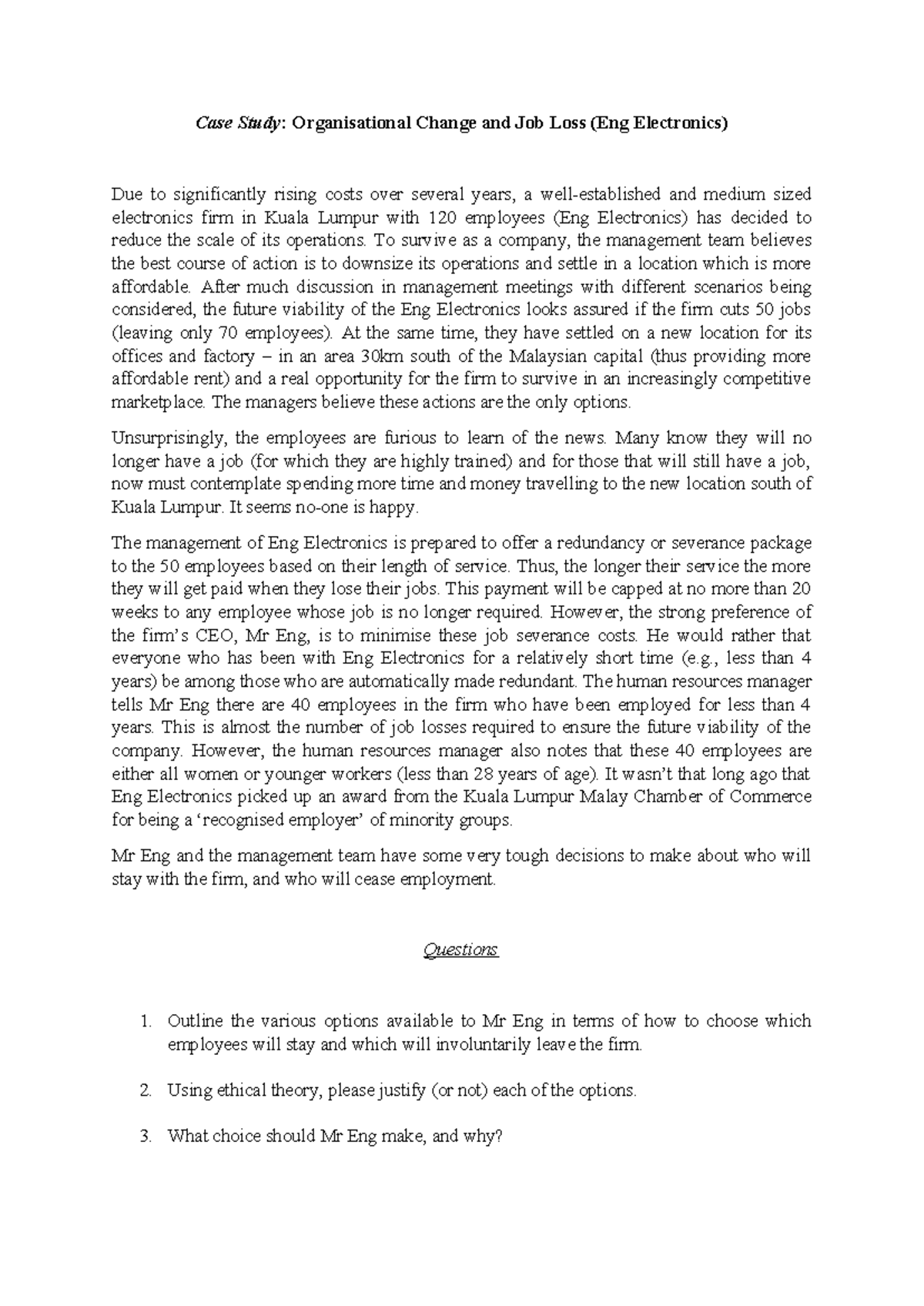 Eng Electronics Case Study: Organisational Change & Job Loss Analysis ...