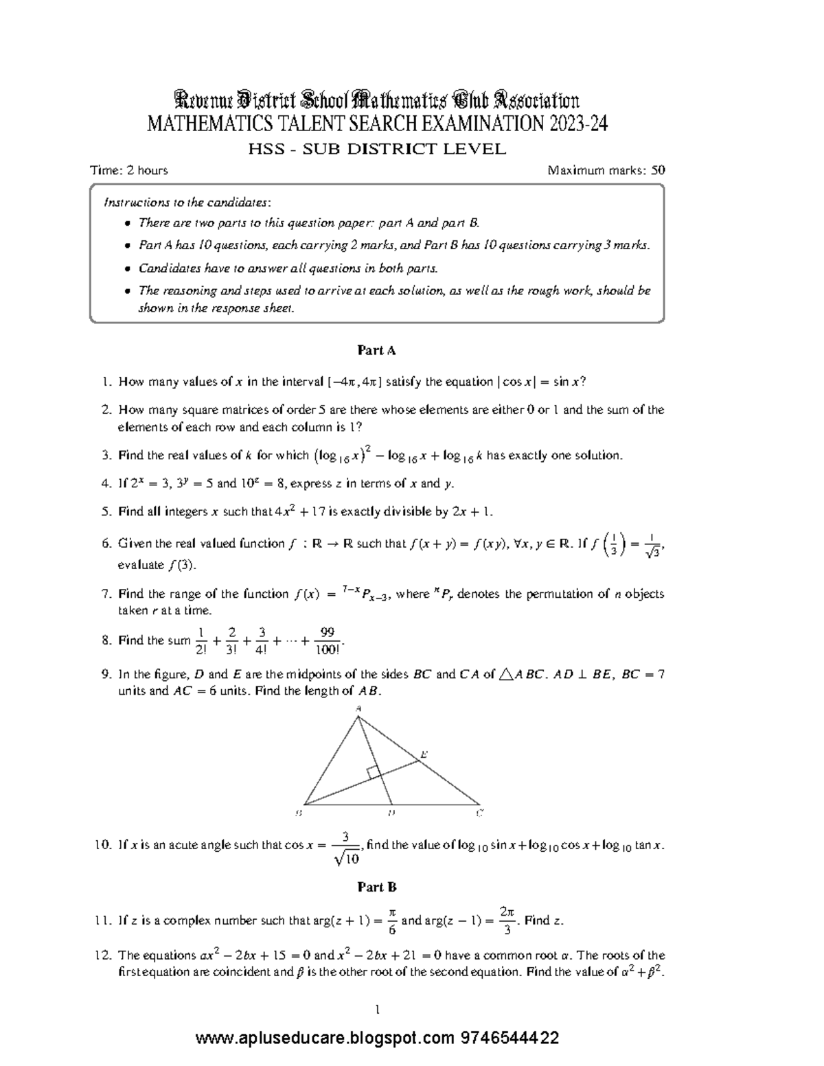 Mathematics Talent Search Exam 2023 - HSS Sub District Level - Studocu