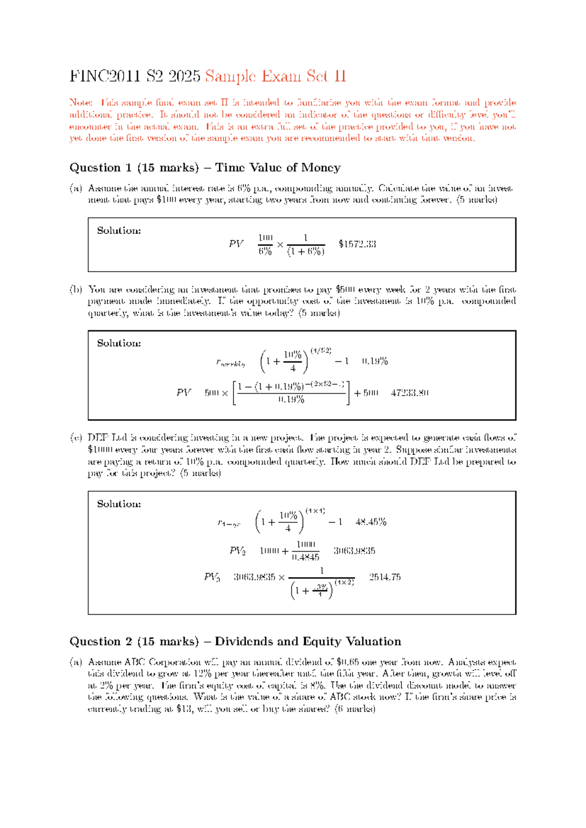 FINC2011 S2 2025 Sample Final Exam Set II Solutions - Studocu