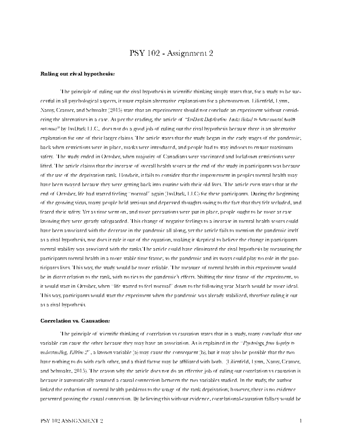 Psy 102 assignment 2 - PSY 102 - Assignment 2 Ruling out rival ...