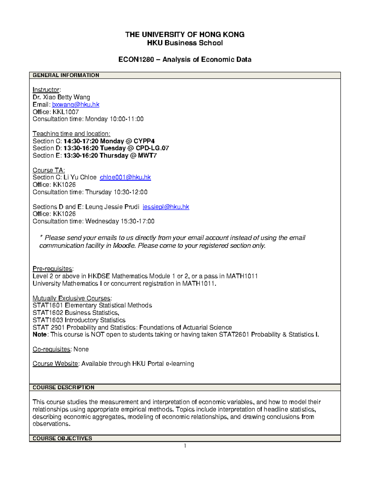ECON1280 Course Syllabus: Analysis of Economic Data Overview - Studocu