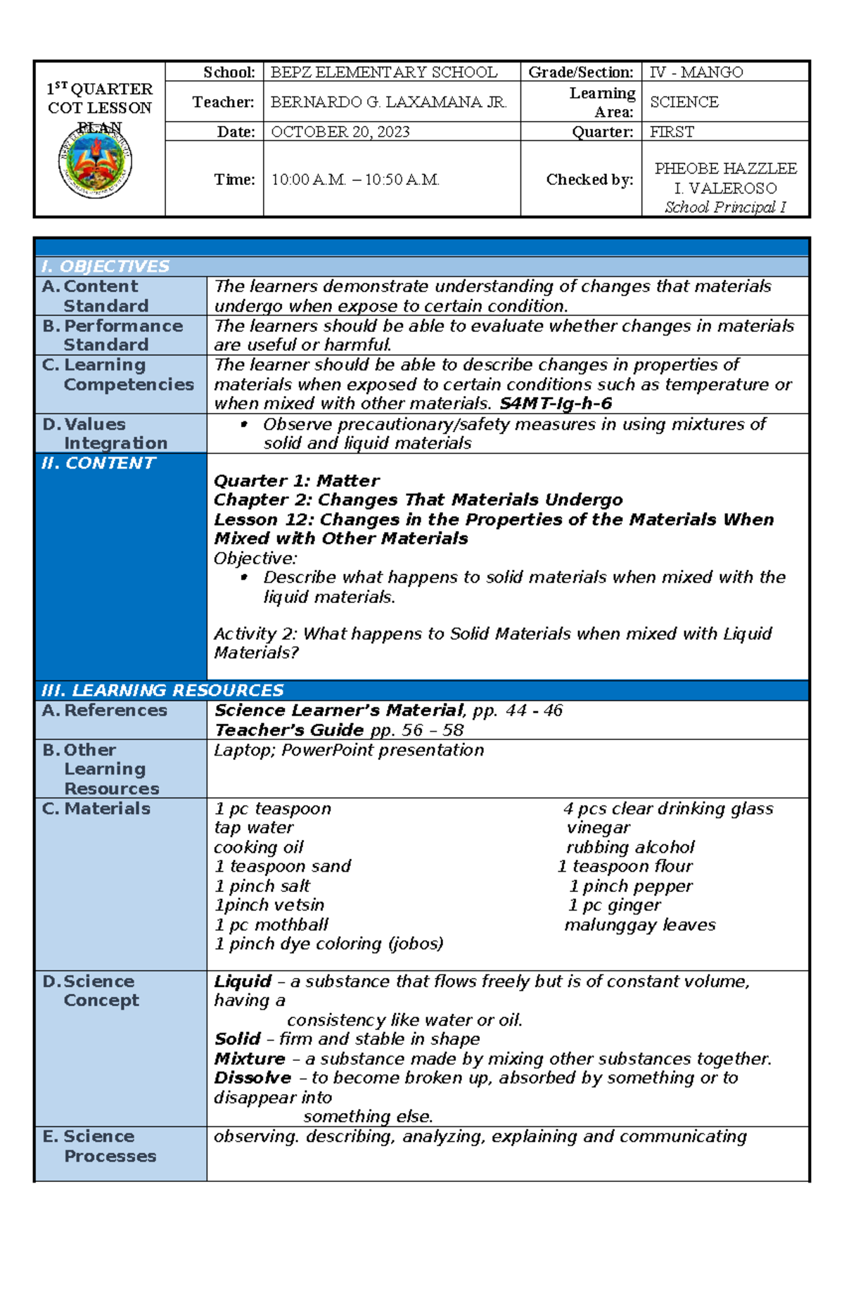1st-Quarter-Lesson-Plan Laxamana - 1 ST QUARTER COT LESSON PLAN School ...