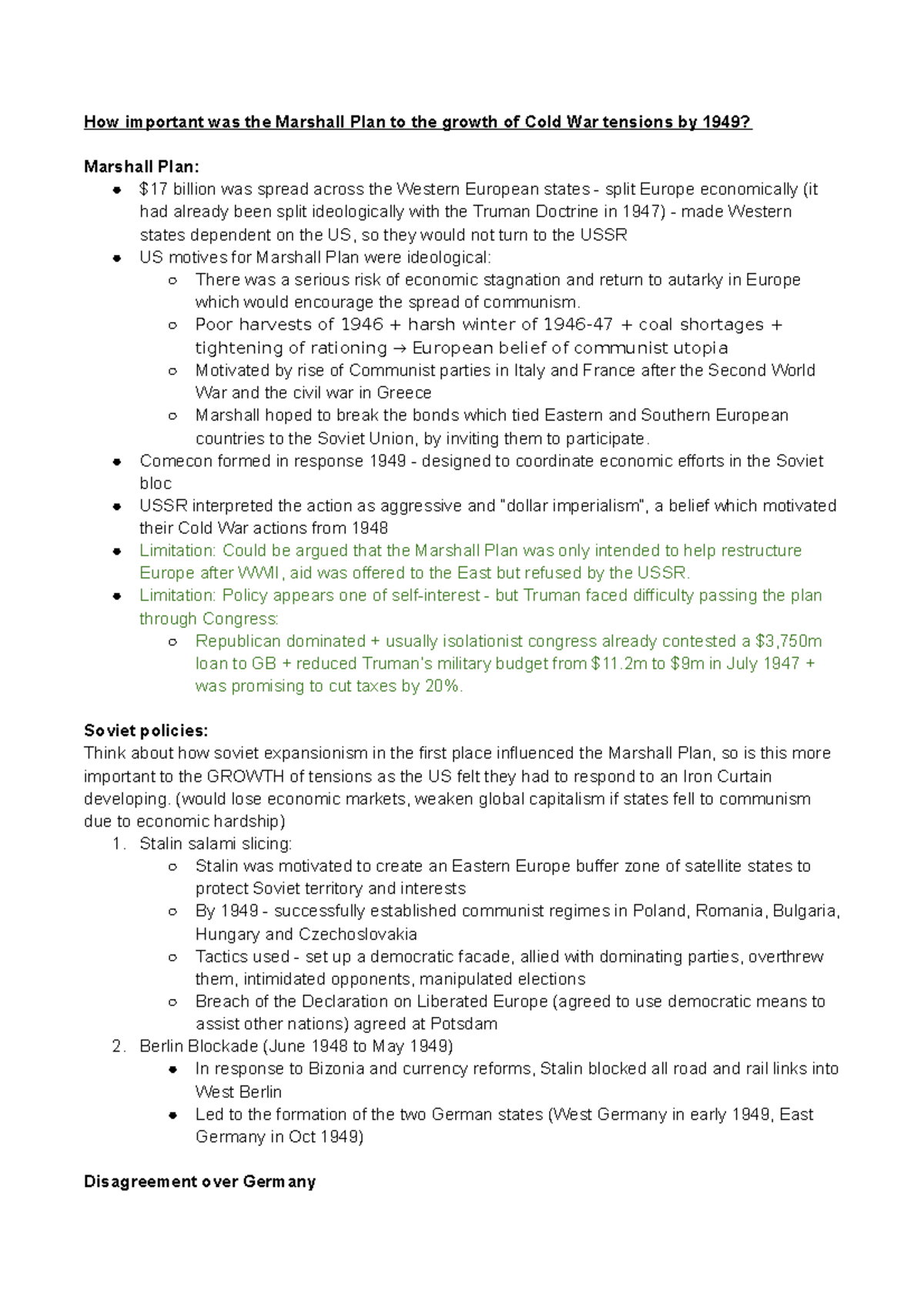Marshall Plan's Role in Cold War Tensions Growth by 1949: An Essay Plan ...
