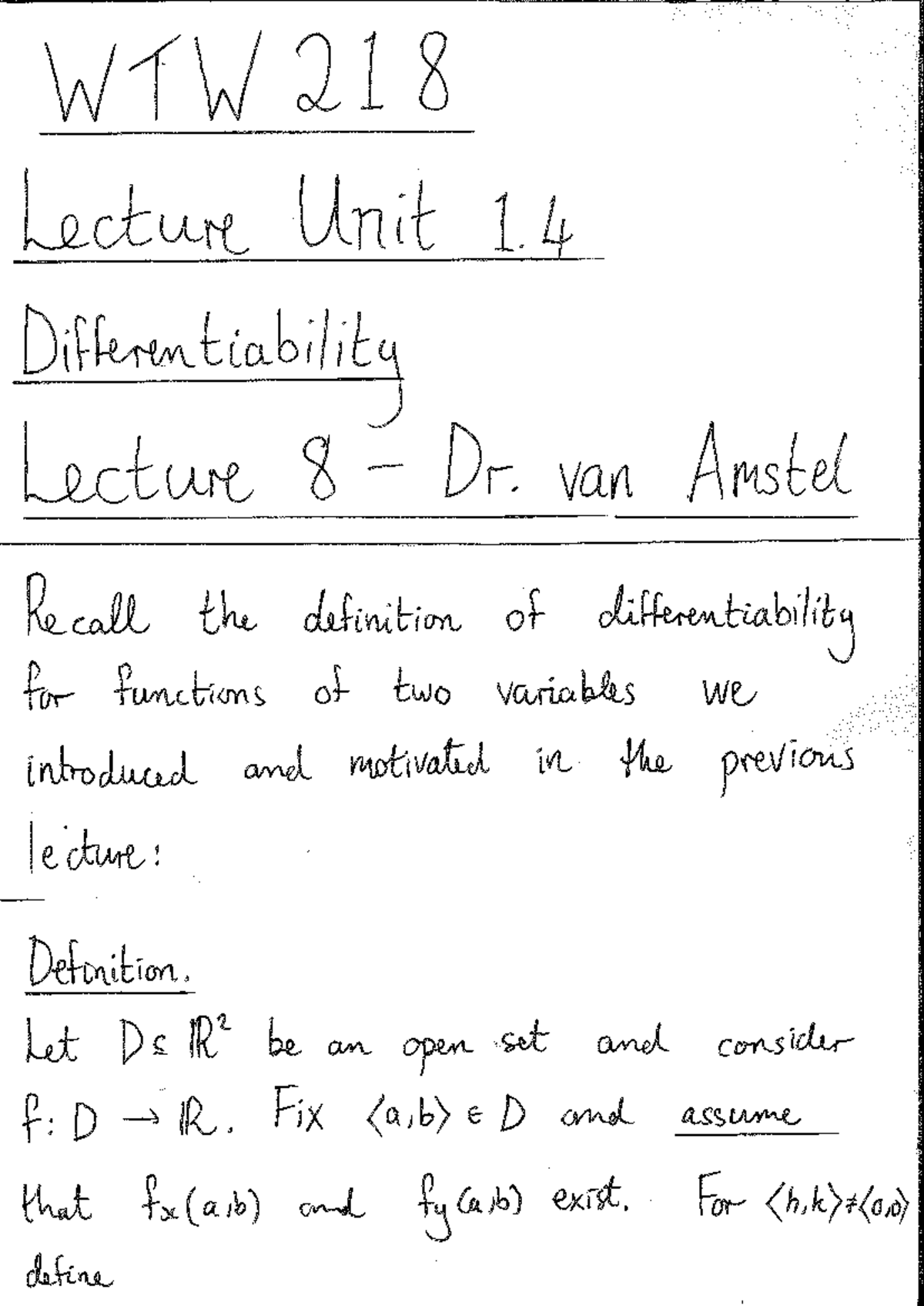 Differentiability Pre-Notes for LU 1.4-2: Key Concepts and Proofs - Studocu