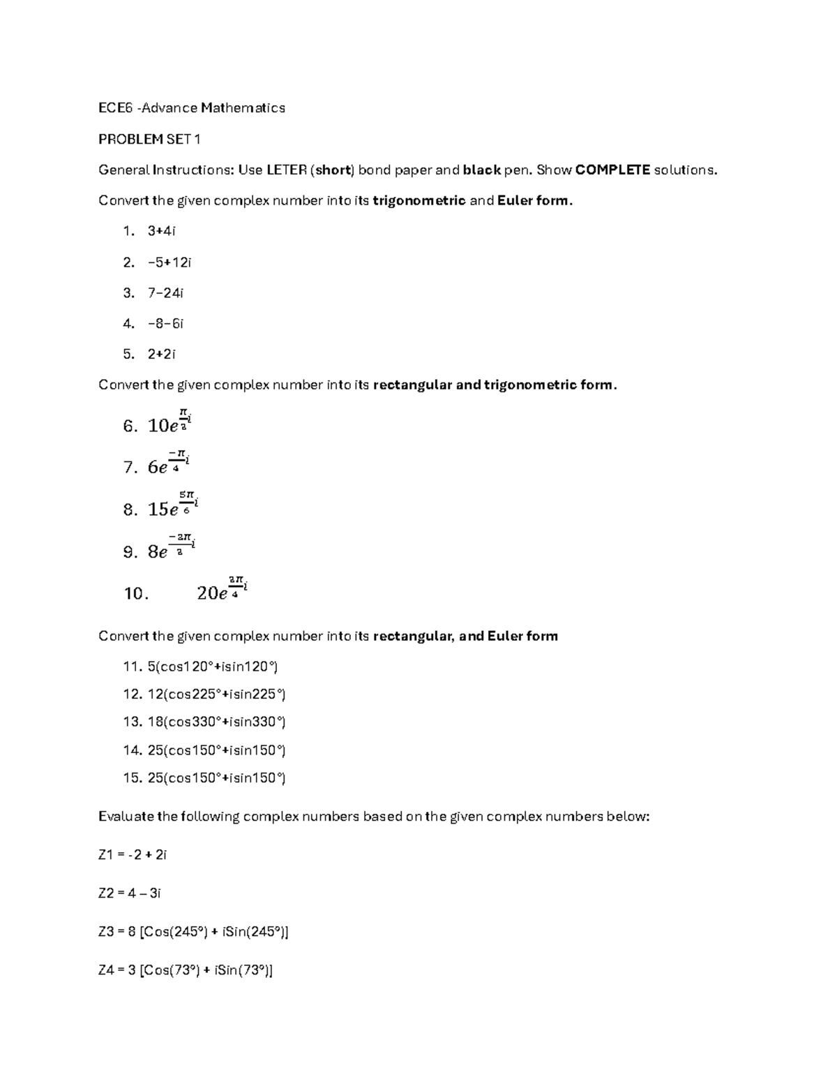 ECE6 Mathematics Problem Set 1: Complex Numbers Solutions - Studocu